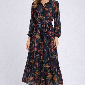 Grace & Mila Size M Blue Foral Sheer Tiered V-Neckline Long Sleeve Long Dress